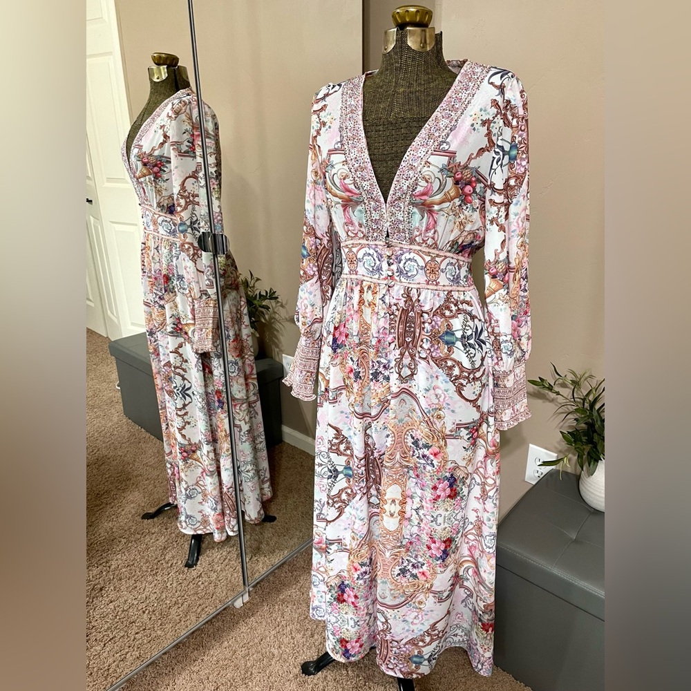Boho Baroque Floral Maxi Dress Flowy Long Sleeve V Neck Scarf Print Cottagecore - Picture 3 of 15